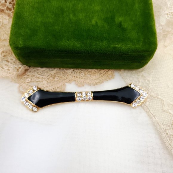 Vintage Art Deco Style Black Enamel Brooch, Rhinestone Collar Bar Pin - Picture 3 of 7